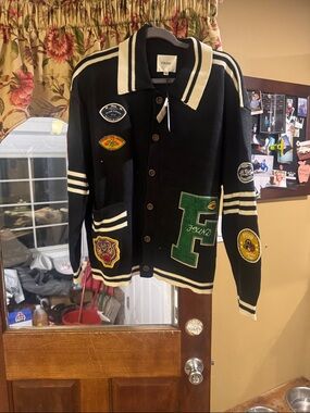 Found Black Varsity Patch Button-Up Sweater with Green Lettering